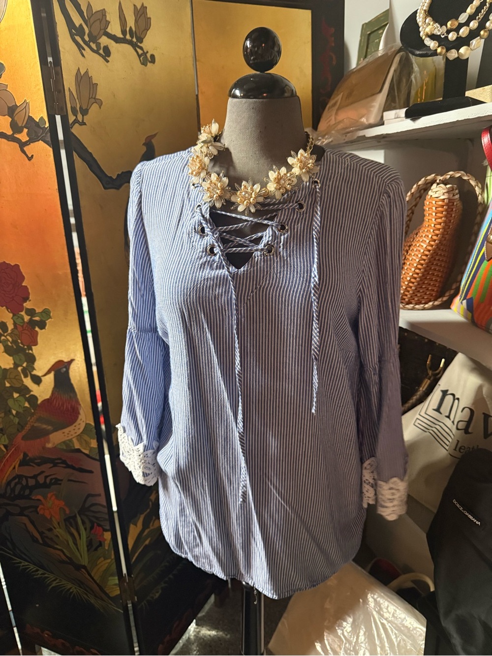Westport Blue & White Striped Lace-Up Peasant Blouse